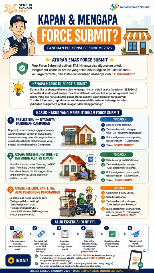 Infografis kapan dan mengapa force submit pada aplikasi FASIH Sensus Ekonomi 2026